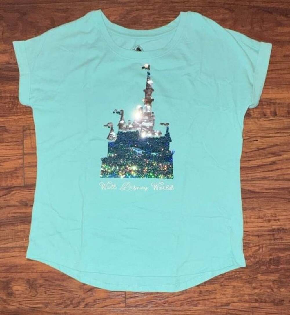 Disney Parks Walt Disney World Castle Sequin T-Shirt Size L Mint Green - Girl’s